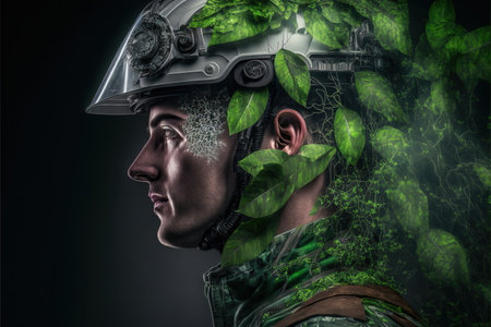 Wondrous double exposure of greenery and green leaves from tree covered agronomist wearing hardhat cover concept of sustainability energy and environmental engineering technology by Generative AI.の素材