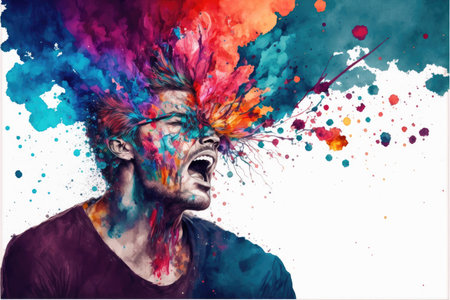 Explosion of colors out of an artist in concept of creative and art inspiration. Element of blending mixed watercolor technique. Finest generative AI.の素材