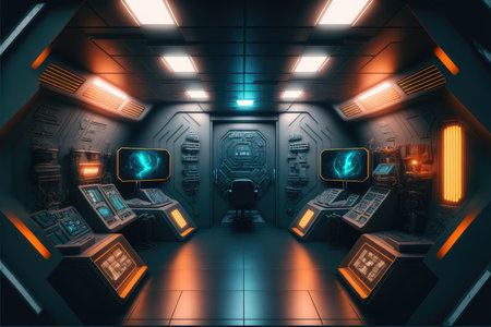 Abstract in futuristic interior architecture of spaceship with power generative technology. Concept of control room with neon color light outer space. Finest generative AI.の素材