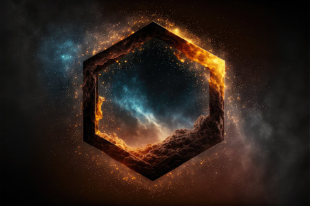 Abstract in glowing neon starlight and particles in hexagon shape. Concept of fantastic sparkle dust with hole frame in nebula space. Finest generative AI.の素材