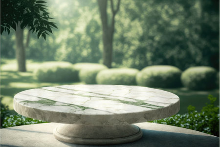 Empty marble table in natural green garden outdoor. Product placement with sunday light. Finest generative AI.の素材