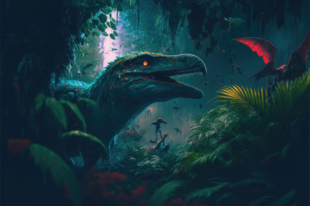 Fantasy in dinosaur or predator in the deep jungle scenery. Concept of prehistoric landscape in the Jurassic period of living life. Finest generative AI.の素材