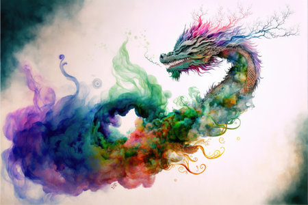 Energetic powerful of dragon multicolor pastel powder with isolated background. Concept of ancient chinese culture in fairly tale. Finest generative AI.の素材