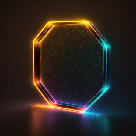 Abstract art in neon spotlight in hexagon frame isolated on black background. Concept of glowing geometric shape at night time. Finest generative AI.の素材