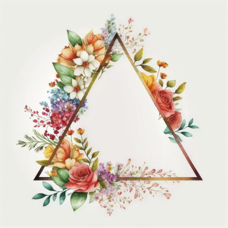 Watercolor pastel colorful drawing in triangle shape decorate with dried various flowers frame. Finest generative AI.の素材