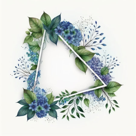Triangle frame of blue flower and green leaves with watercolor painting isolated on white background. Theme of vintage minimal art design in geometric. Finest generative AI.の素材