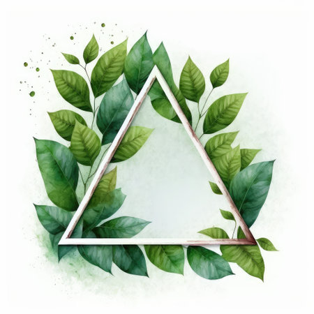 Triangle frame of green leaves with watercolor painting with watercolor painting isolated on white background. Theme of vintage minimal art design in geometric. Finest generative AI.の素材