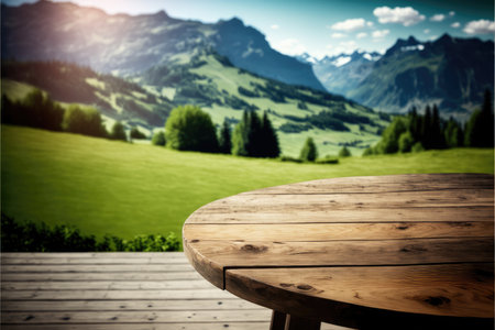 Focus empty wood table with blurred natural tree meadow background. Concept of blank space for advertising product. Finest generative AI.の素材