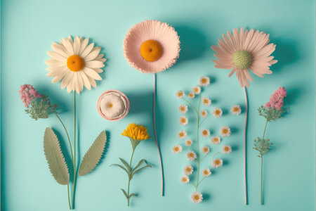 Group fresh pastel colorful flower placing on isolated blue background. Decorated by various blossom concept. Finest generative AI.の素材