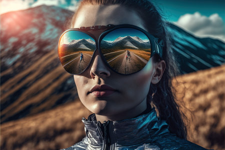 Young female cyclist portrait wearing sunglasses with wondrous reflection of natural environment of mountain landscape and beautiful sky, Fitness and extreme sport in the peak concept Generative AIの素材