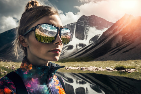 Sunglasses mirrored reflection of the wondrous mountain path and sunny sky portrayed by hiker woman in natural adventurous and nature exploring concept by Generative AI.の素材