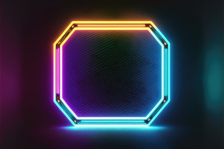 Abstract of neon hexagon shape isolated on space background in reflective colorful spotlight. Theme of lighting frame digital art design innovation. Finest generative AI.の素材