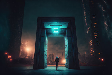 The world revolution of through square modernism future portal. Background of skyscraper with moon spotlight. Finest generative AI.の素材