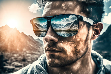 Sunglasses mirrored reflection of the wondrous mountain path and sunny sky portrayed by hiker man in natural adventurous and nature exploring concept by Generative AI.の素材
