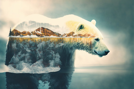 Wondrous image shown by polar bear suffer due to melting ice caused by the impact of climate change on double exposure of global warming turning arctic hotter in background by Generative AI.の素材