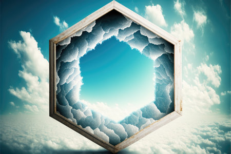 Frame made with white cloud in the sky in hexagon shape. Concept of fantasy luxurious window. Finest generative AI.の素材