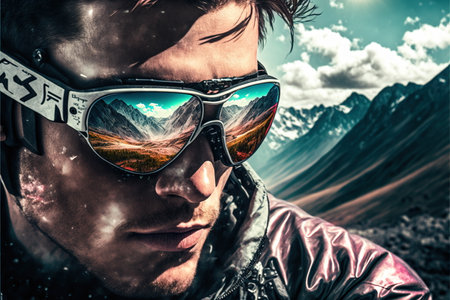 Adventure and natural travel in the wondrous mountain landscape and beautiful sky concept portrayed by young man wearing sunglasses with reflection of the nature environment by Generative AI.の素材