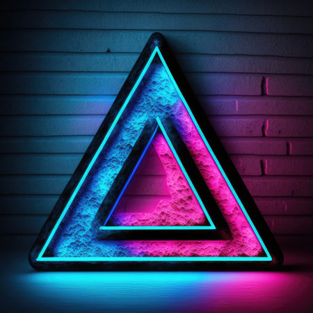 Overlapped Lightning neon magical triangle effecting on black background. Reflection of glowing digital abstract portal effect on cyberpunk concept. Finest generative AI.の素材