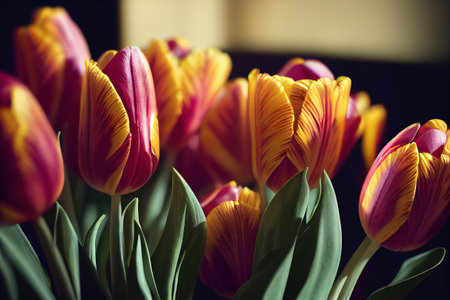 Springtime blossom tulips illustration with ravishing realistic high quality detail, floral and nature in warm lighting during spring background by generative AI.の素材