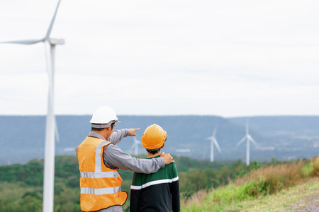 Engineer with his son on a wind farm atop a hill or mountain in the rural. Progressive ideal for the future production of renewable, sustainable energy. Energy generation from wind turbine.の写真素材
