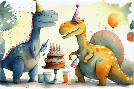 Cute dinosaur celebrating in party created by colorful watercolor technique. Theme of birthday event with food and drink wearing on birthday hat. Finest generative AI.の素材
