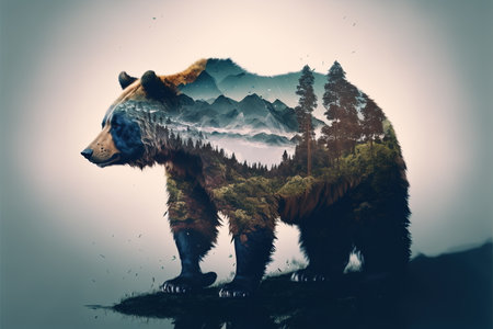 Wondrous brown grizzly bear in outdoor double exposure with natural taiga forest mountain background design as concept of adventure and exploring nature with peaceful environment. Generative AIの素材