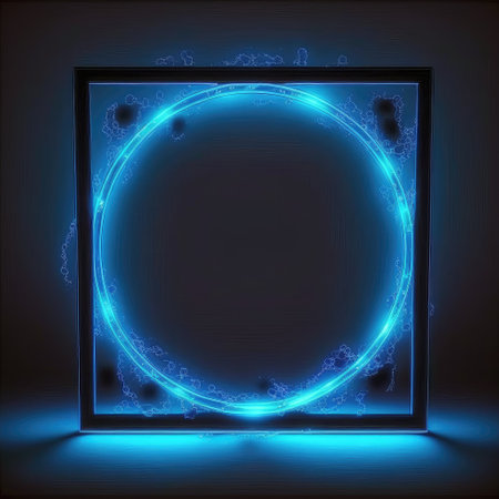 Innovation of circle frame with blue neon light effects overlapped geometry in concept. Finest generative AI.の素材