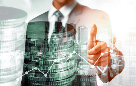 Businessman analyst working with digital finance business data graph showing technology of investment strategy for perceptive financial business decision. Digital economic analysis technology concept.の写真素材