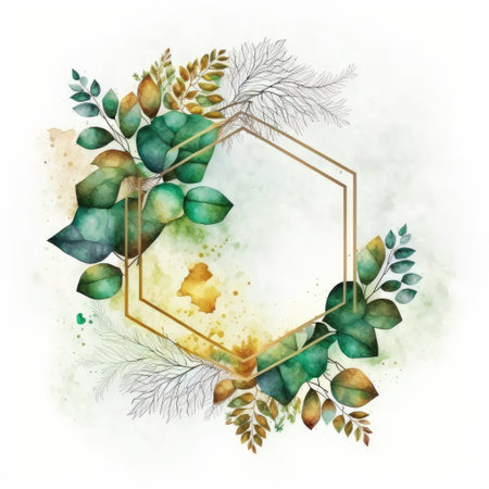 Hexagon frame of green and golden leaves with watercolor painting isolated on white background. Theme of vintage minimal art design in geometric. Finest generative AI.の素材