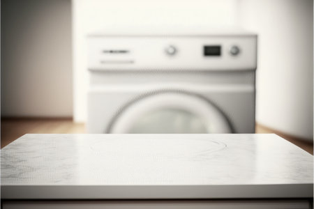 Focus in blur laundry and washing machine background. Concept of blank space for advertising product. Finest generative AI.の素材