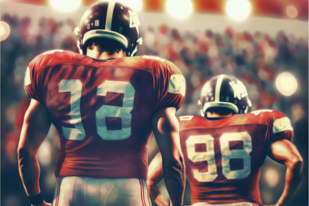 Close-up american football team boys in sport stadium. Concept of teamwork at stadium. Finest generative AI.の素材