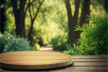 Empty wooden table in natural green garden outdoor. Product placement with sunday light. Finest generative AI.の素材