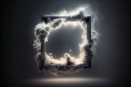 Abstract design of square shape clouds with dying colorful particles exploding. Concept of mystery outer over dark background with glowing light geometric design. Finest generative AI.の素材