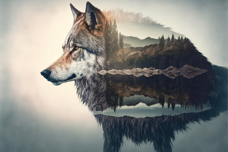 Majestic and powerful predator wildlife animal by lone grey wolf in solitude on double exposure background of wondrous natural landscape with forest and mountain by Generative AIの素材