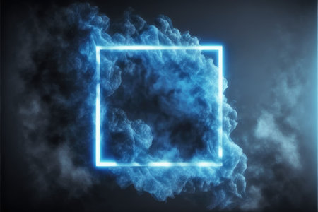 Abstract of glowing smoke square frame illuminated with neon light on darkness sky view. Concept of futuristic minimal geometric shape in paradise. Finest generative AI.の素材