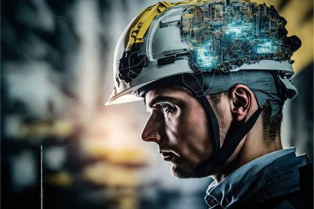 Electrical engineering concept design. electrician or engineer wear hardhat with double exposure effect on his head feature with wondrous electric circuit or wire pattern texture by Generative AI.の素材