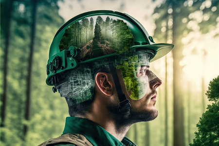 Wondrous double exposure of agronomist wearing hardhat with natural forest landscape and greenery tree as concept of sustainability energy and environmental engineering technology by Generative AI.の素材