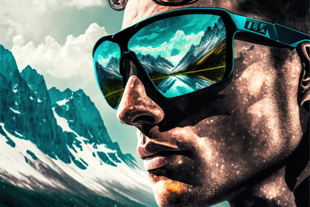 Young male cyclist portrait wearing sunglasses with wondrous reflection of the natural environment of mountain landscape and beautiful sky, Fitness and extreme sport in the peak concept Generative AI.の素材