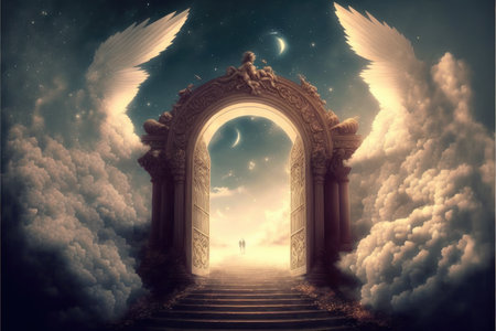 Heaven fantasy gate with birds wing in the colorful skyline. Concept of luxurious fantasy bright light walking through successful way in freedom life. Finest generative AI.の素材
