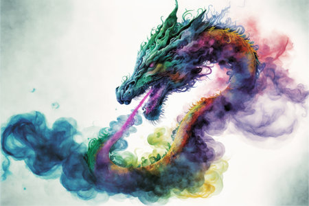 Energetic powerful of dragon multicolor pastel powder with isolated background. Concept of ancient chinese culture in fairly tale. Finest generative AI.の素材