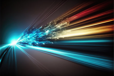 Abstract of high speed car racing of multicolored taillight in streak concept. Art in digital street background. Finest generative AI.の素材