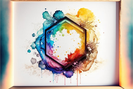 Colorful hexagon arts of abstract frame. Concept of watercolor painting on geometry. Finest generative AI.の素材