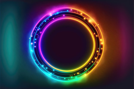 Abstract of neon circle shape isolated on space background in spotlight. Theme of lighting frame digital art design innovation. Finest generative AI.の素材