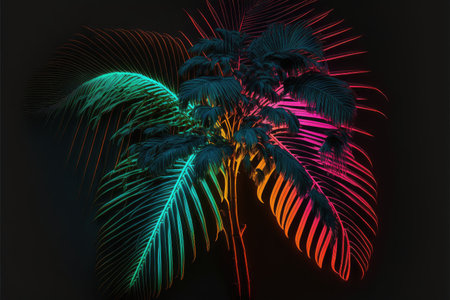 Creativity by neon palm isolated black background with reflective light. Concept of colorful and multicolored florescent lighting tree. Finest generative AI.の素材