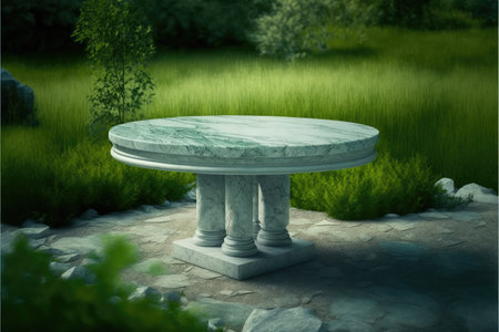 Empty marble table in natural green garden outdoor. Product placement with sunday light. Finest generative AI.の素材