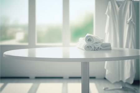 Focus table placing towel in blur laundry and washing machine background. Concept of blank space for advertising product. Finest generative AI.の素材