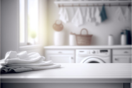 Focus white empty table with blurred laundry background. Concept of blank space for advertising product. Finest generative AI.の素材