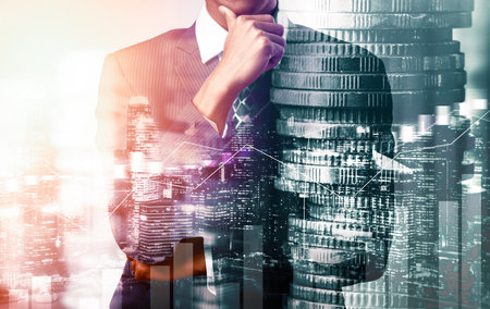 Businessman analyst working with digital finance business data graph showing technology of investment strategy for perceptive financial business decision. Digital economic analysis technology concept.の写真素材