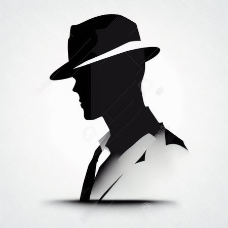 Designed graphic contouring monochrome in wearing hat man. Concept of smart trendy dramatic characteristic profile isolated on white background. Finest generative AI.の素材