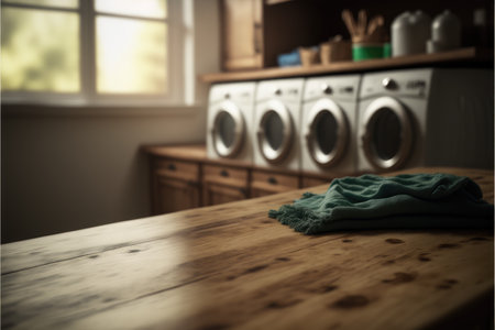 Focus empty wood table in blur laundry and washing machine background. Concept of blank space for advertising product. Finest generative AI.の素材